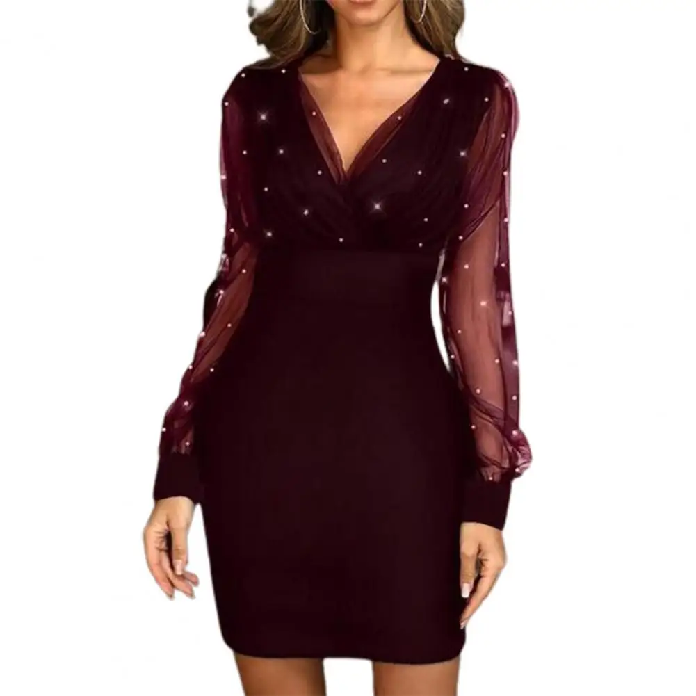 

Sexy Women Mini Dress Sequin See-though Mesh V Neck Spring Autumn Office Lady Shiny Dresses Evening Party Banquet Clothing