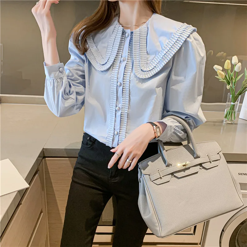 

Gentle milky soft blue doll collar organ pleated design edging button loose puff sleeve shirt top women JXMYY
