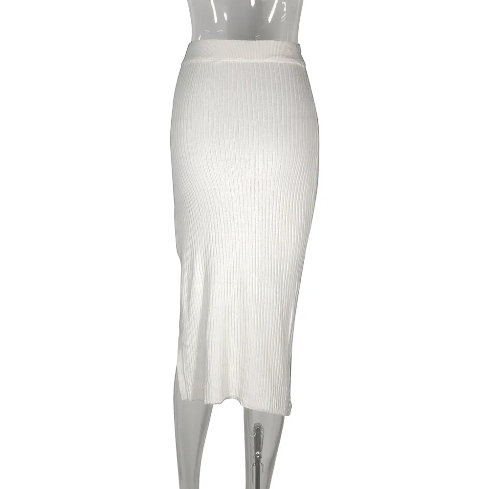 

2021 Summer Women Fashion Simple Style Long Skirt, White Solid Color Elastic High Waist Slit Dress, S/ M/ L