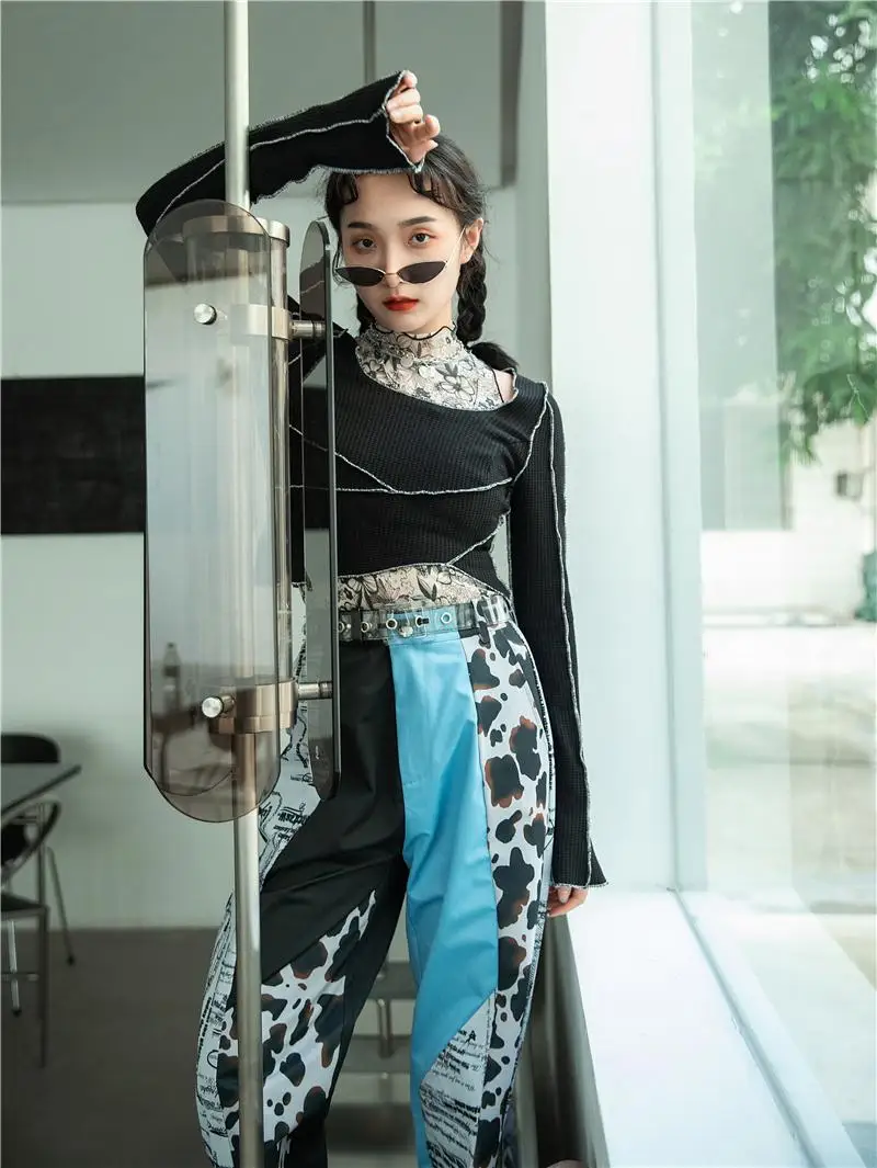 

2021 Street Jeans New Color Fashion Ladies Jeans Harajuku Leopard Stitching Jeans Punk Style High-rise Straight-leg Jeans