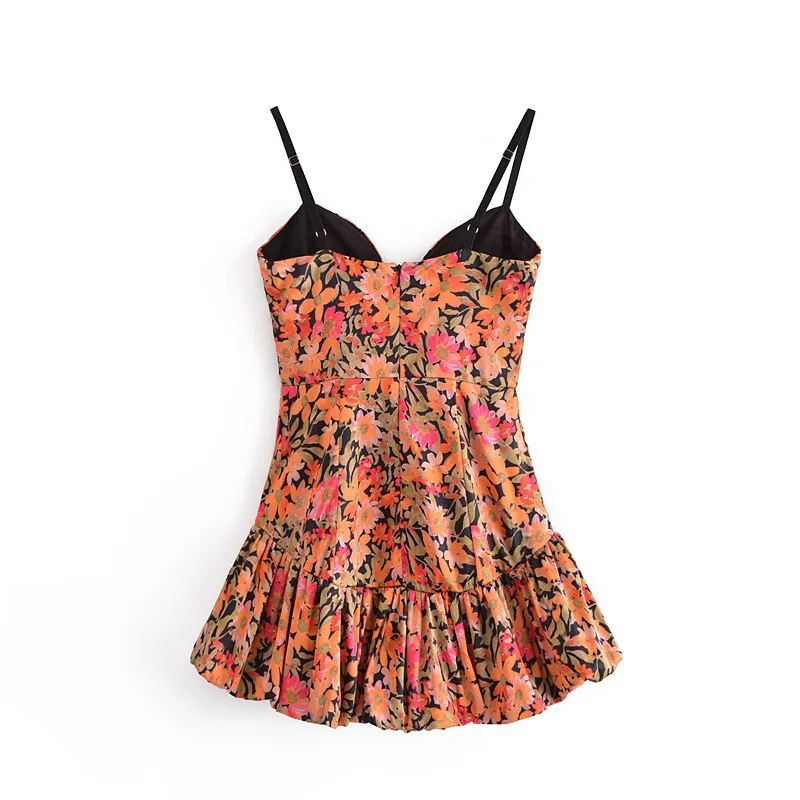 

Women's Sexy Spaghetti Strap Mini Dress Vintage Summer 2021 Floral Streetwear Slim Ruffle Dress Ladies Elegant Party Vestidos