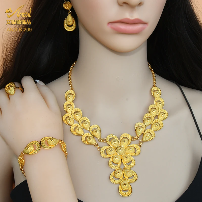 

Luxury Woman Jewelry Sets Dubai Gold Plated Necklace Earrings Bracelets Rings Set Wedding Bohemia Nigerian Jewellery Accessories
