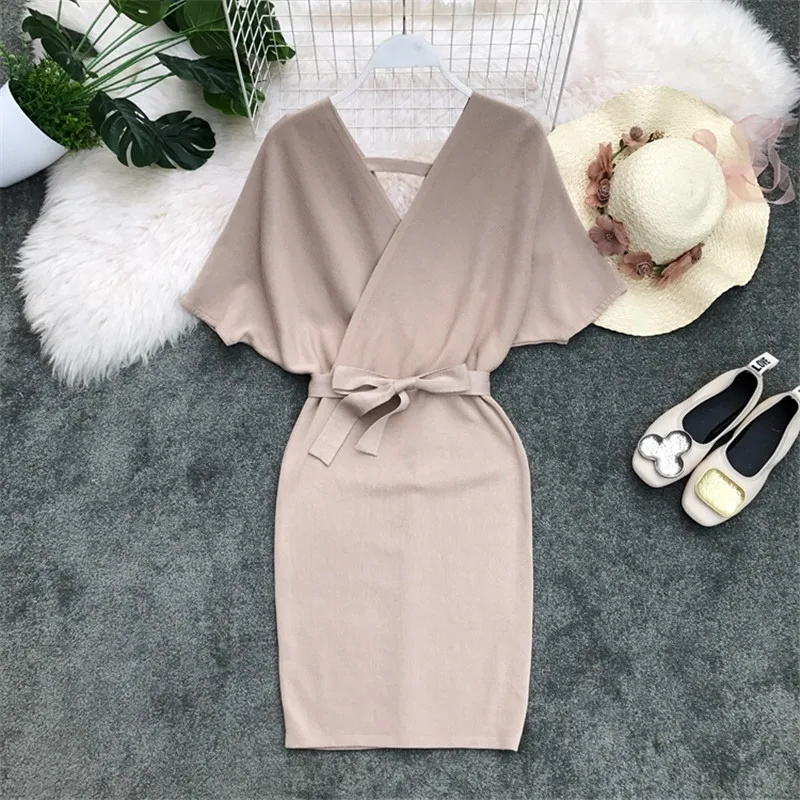 

Sexy Dresses Solid Knitting Stretch C-neck Summer Dress Women Bow Lace Up Bodycon Batwing Sleeve Slim Vestidos