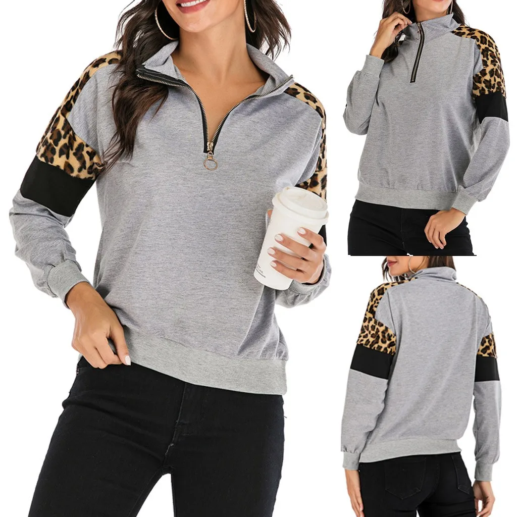 Женский пуловер с воротником на молнии леопардовым принтом|Женские толстовки и