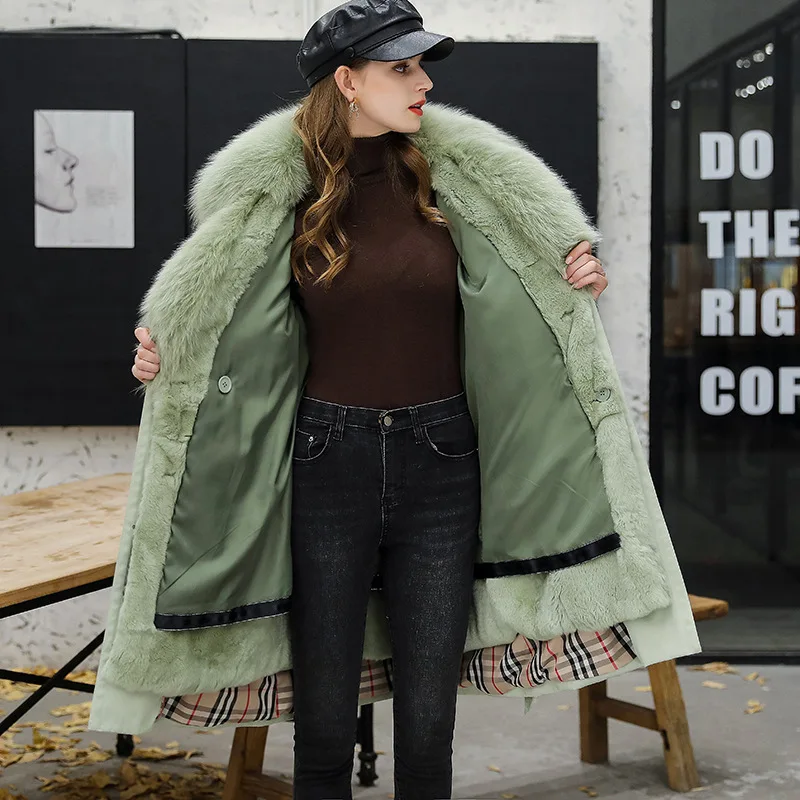 Fashion Winter Women Real Fur Coat Rex Rabbit Fur Liner Fox Hair Turn-down Collar Detachable Warm Mid-Length Parkas Office Lady