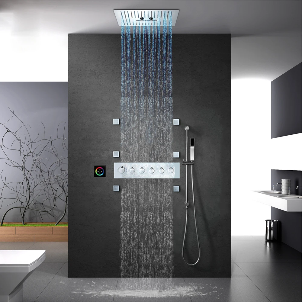 구매 럭셔리 샤워 시스템 16 인치 비 샤워 헤드 욕실 수도꼭지 폭포 LED 샤워 세트 목욕 온도 조절 믹서 블랙/크롬 구매 럭셔리 샤워 시스템 16 인치 비 샤워 헤드 욕실 수도꼭지 폭포 LED 샤워 세트 목욕 온도 조절 믹서 블랙/크롬
