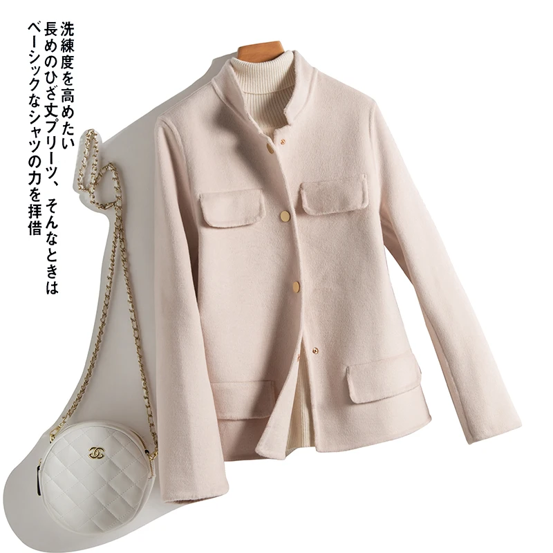 

Внесезонное Новое двухстороннее кашемировое пальто, женское короткое приталенное твидовое пальто из чистой шерсти в стиле Хепберн, весна