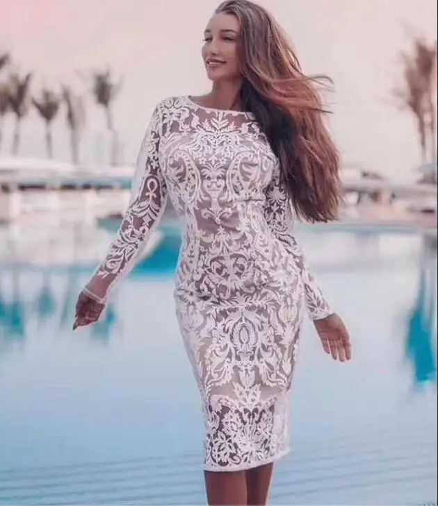 Высококачественное женское сексуальное Белое Бандажное платье с длинным