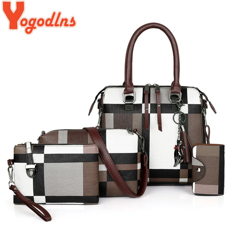 Yogodlns Luxury Handbags plaid Women Bags Designer 2021 tassel Purses and Set 4 Pieces Female Feminina travel tote |