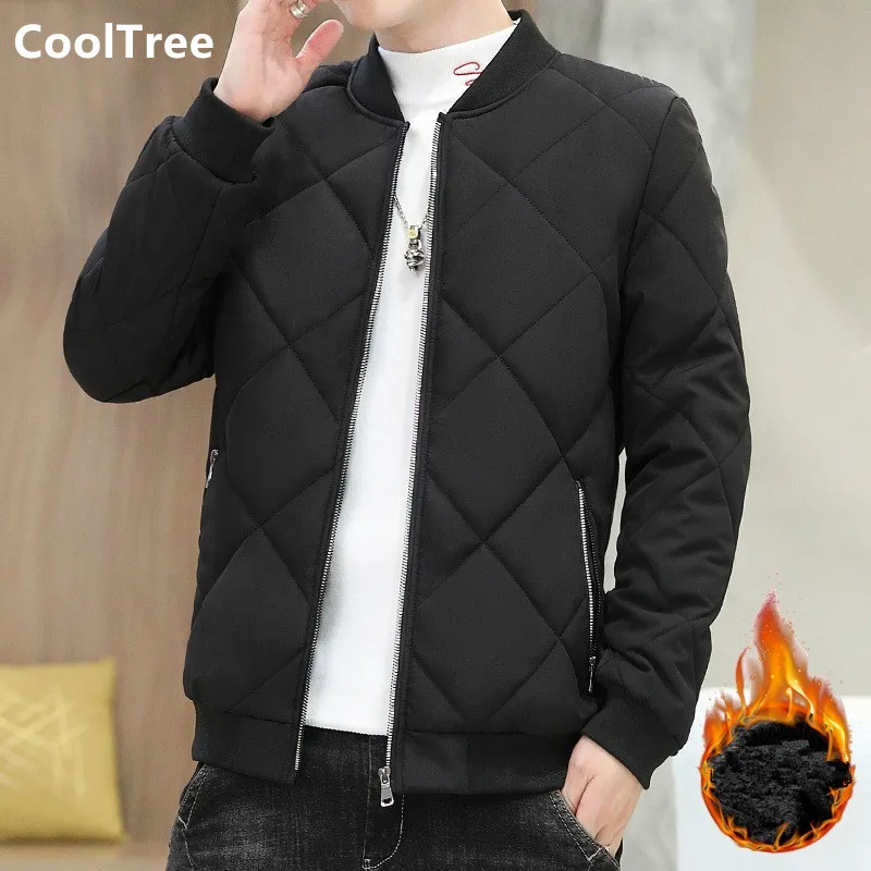 

CoolTree Men Cotton-Padded Jackets Autumn Winter Solid color Thick Warm Stand collar Coats Male Slim Fit Zip baseball Outerwear