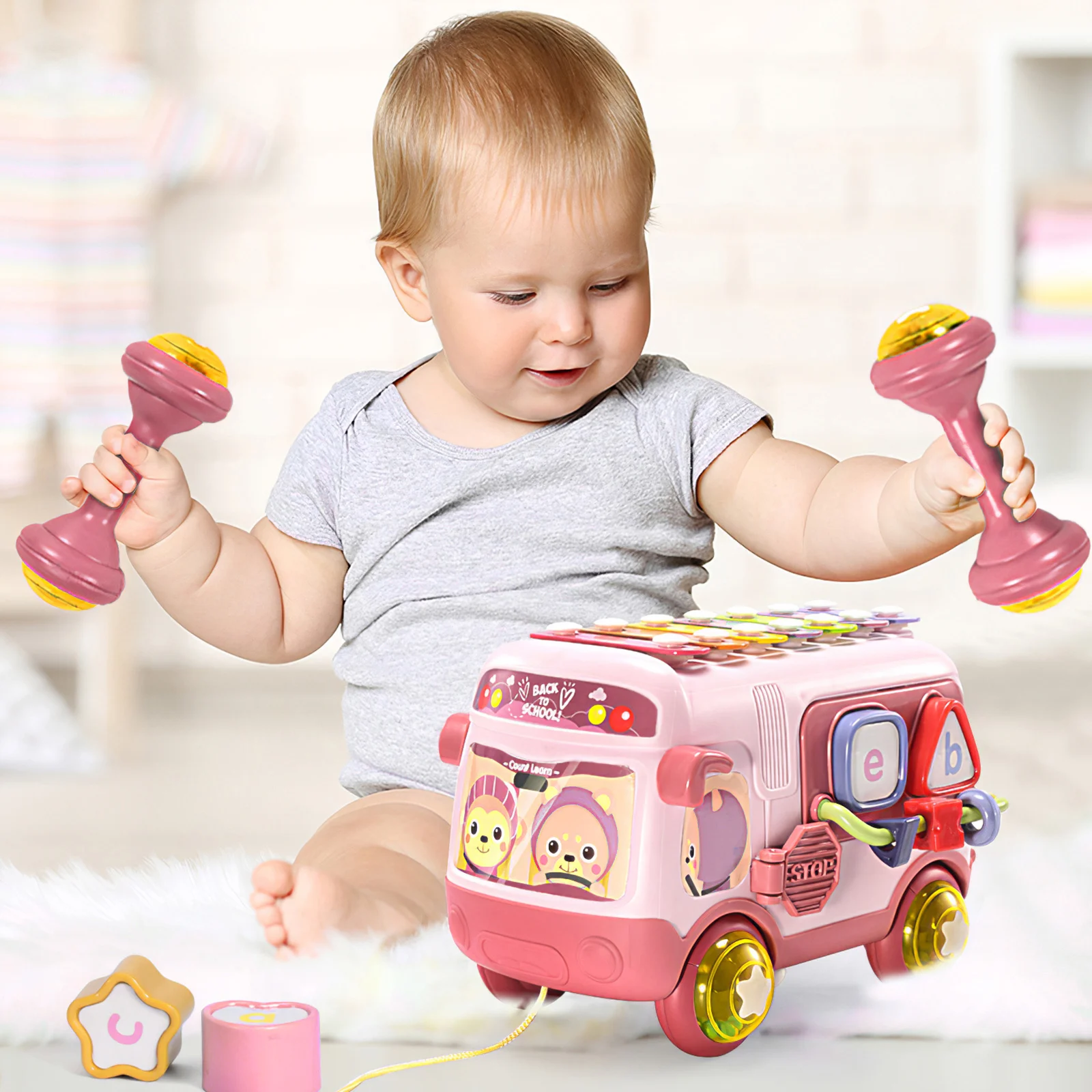 

Baby Toys Knock Piano Bus Shape Learning Kids Toys Musical Instrument for Toddler Music Coordination Development Safe Baby Toys