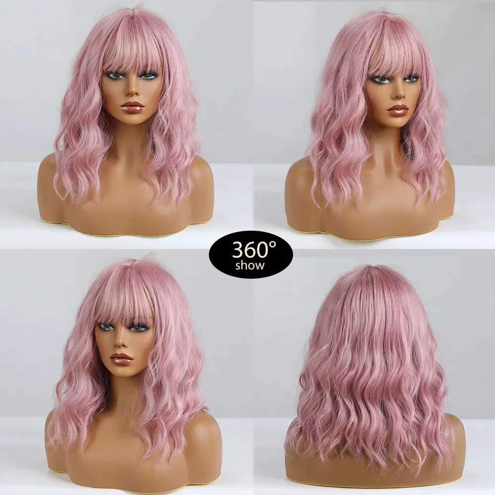 JONRENAU Curly Bob Wig Middle Long Natural Wave Hair Synthetic Wigs with Bangs for Women Pink Wig Cosplay High Temperature Fiber