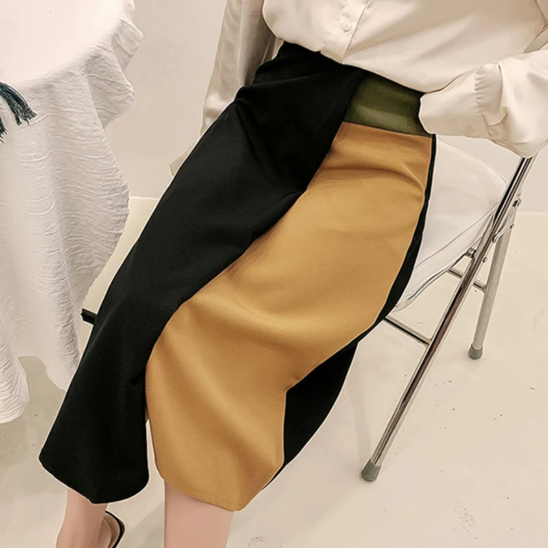 

OL Style High Waist Patchwork Irregular Hem Women Skirt Chic Hit Color Slim Midi A-line Skirts Female 2020 Spring