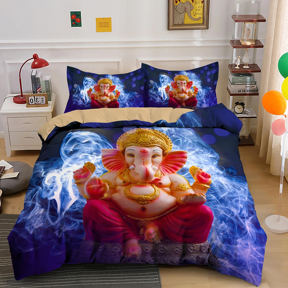 

Lord Ganesha Buddha Statue Bedding Set Elephant God Sculptures Ganesh Duvet Cover Sing Double Twin King Queen With PIllowcase