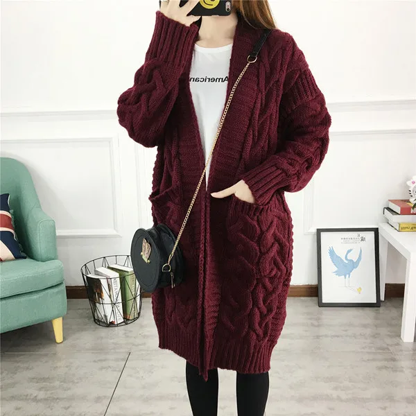 Burgundy Women Long Cardigans Autumn Winter Open Stitch Knitting Loose Sweater Oversized Cardigans big pockets Cardigan Fall Jacket Coat - Цвет: Burgundy
