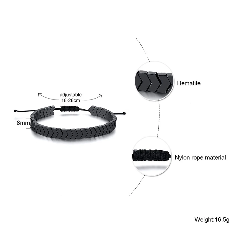 Цепочка Из Гематита Мужская регулируемая по длине браслет со стрелками |