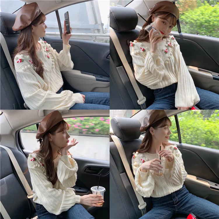 

Elegant Flower Knitted Cardigans Women Preepy Style Sweet Chi Short Student Pull Femme O Neck Patch Autumn Sweater