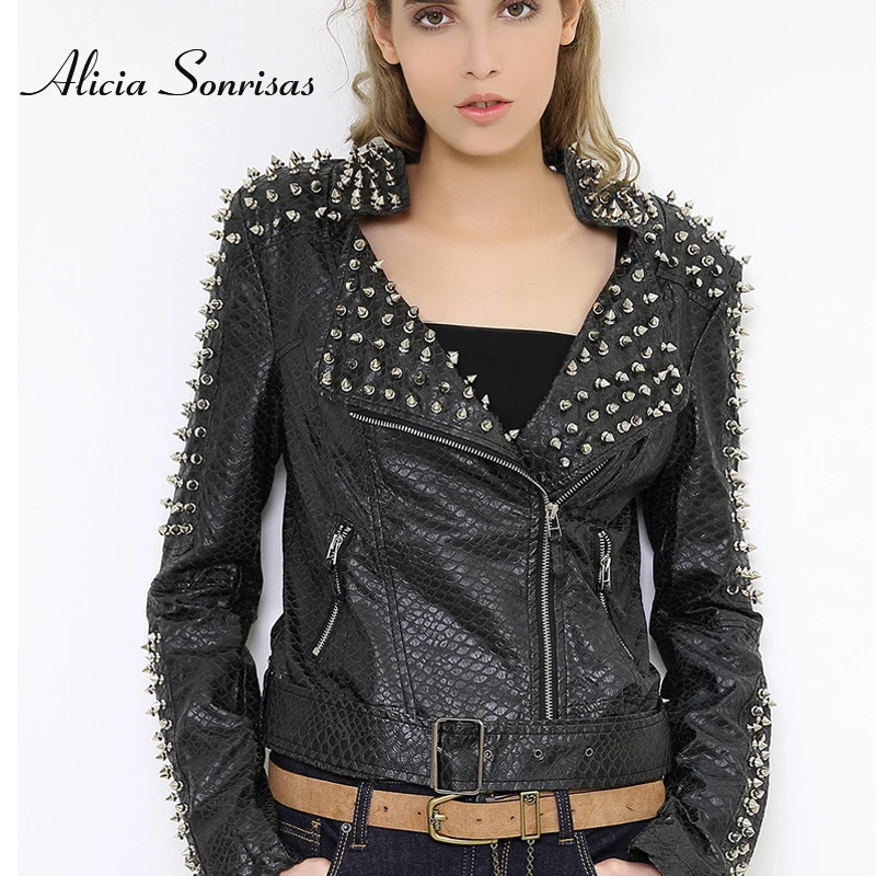 

2020 New Punk Rock And Roll Women Motorcycle Faux Leather Jacket Sheepskin Biker Spikes Studs Moto Coat
