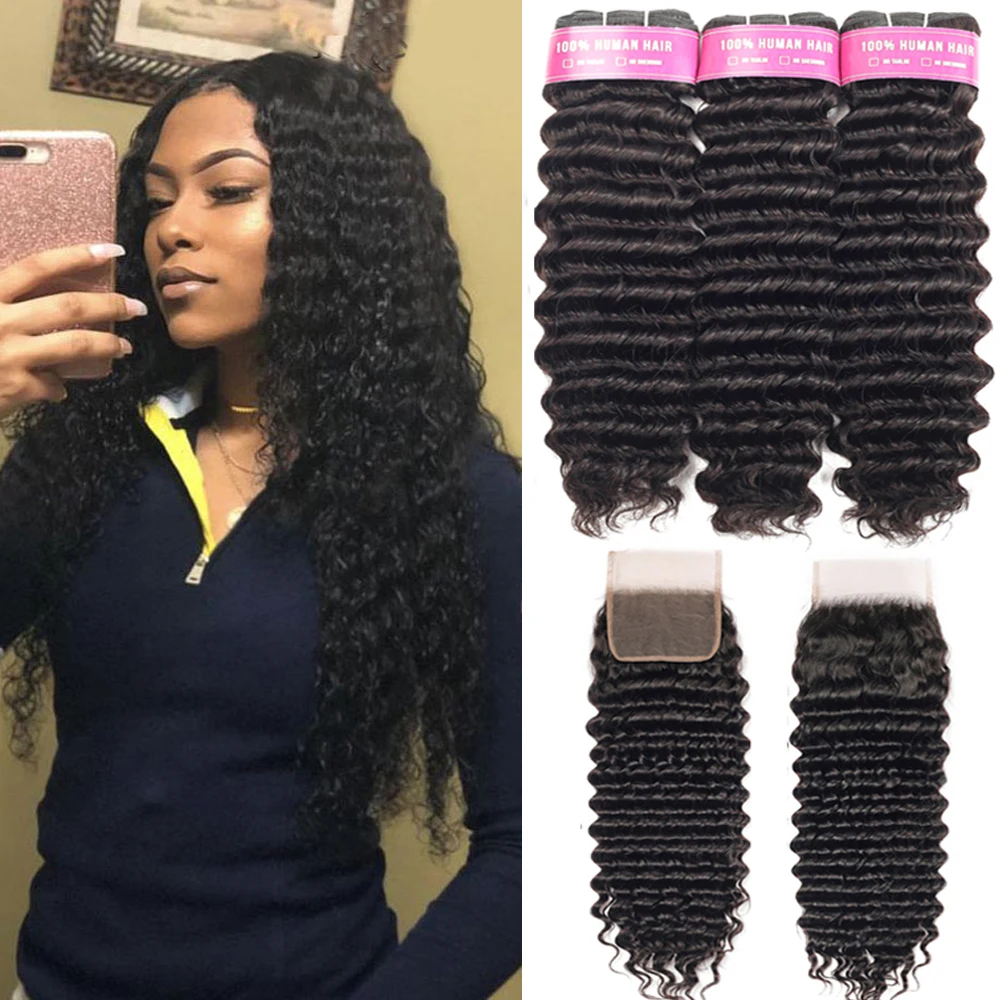 Бразильские волнистые пряди с закрытием Remy человеческие волосы 3 кружевной