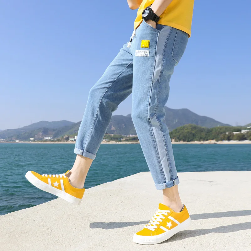

2021 Summer New Men's Loose Straight-leg Ripped Jeans Korean Style Trendy Men's Color Matching Harlan All-match Cropped Pants