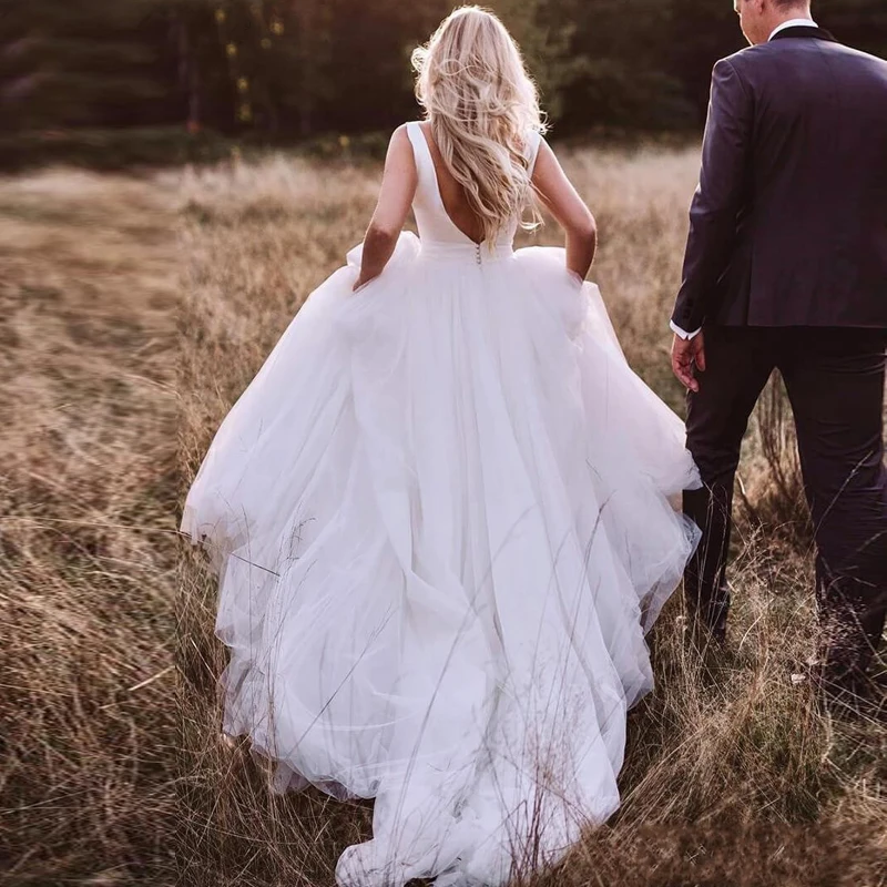 Элегантное Атласное Свадебное Платье трапециевидной формы с открытой спиной из