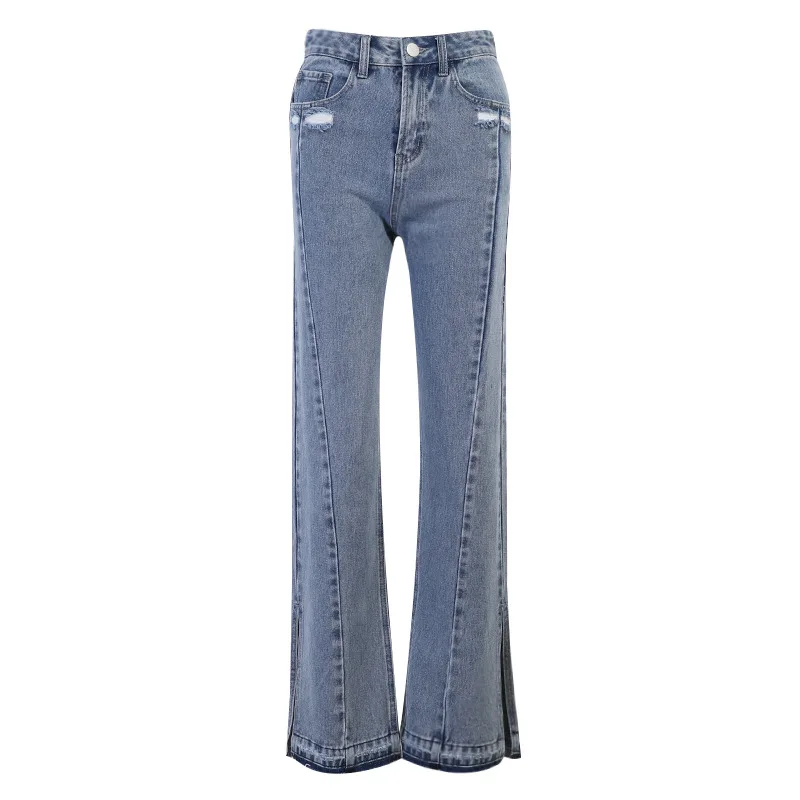 

2021 New Women's Trousers Straight Leg Jeans High Waist Streetwear Fashion Back Pockets Low Slit Hem Casual Trousers Blue Summer