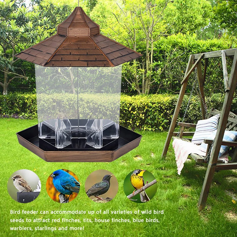 

Wild Bird Feeder Hanging Gazebo Bird Water Feeders Hexagon Shaped Roof For Outside Garden Yard Decoration Bird Supplies