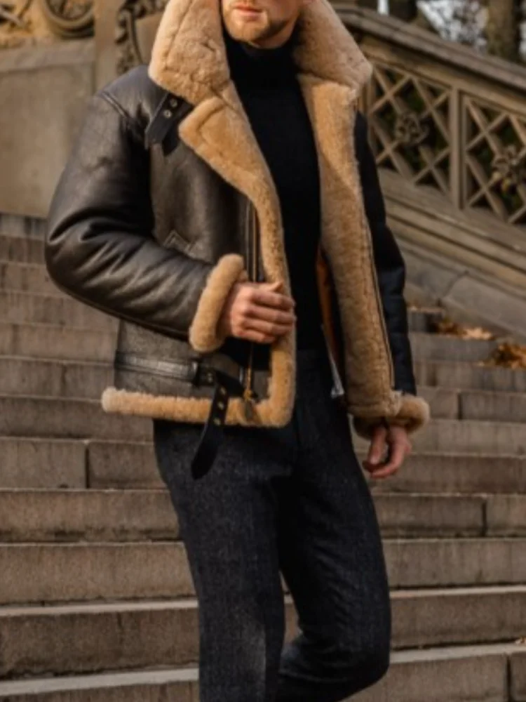 Куртка мужская из искусственного меха кофейного цвета с длинным рукавом зимняя |