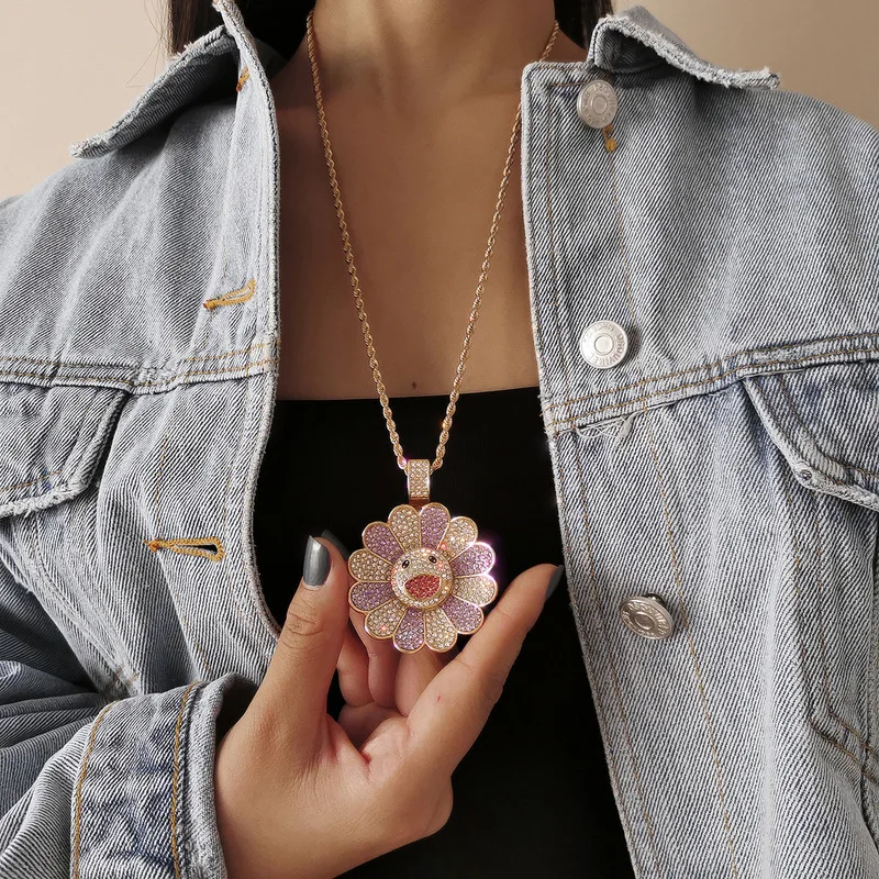 

TIMEONLY Exaggerated Shiny Crystal Sunflower Smile Pendant Necklaces Rainbow Alloy Necklaces for Women Girl Sweet Jewelry