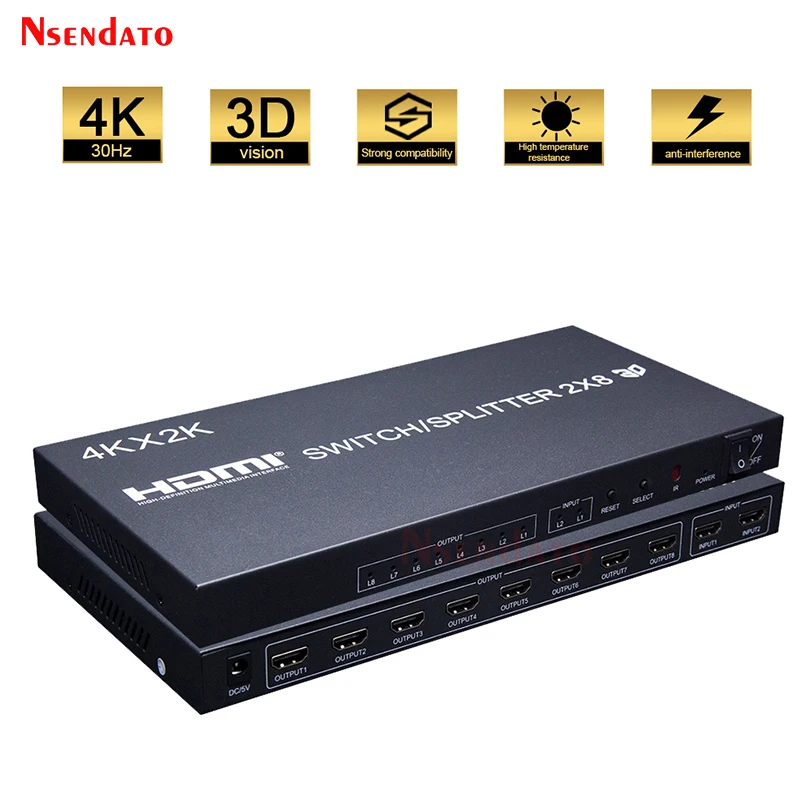 Разветвитель HDMI 2x8 4K 30 Гц, переключатель скорости HDMI, 2 в 8 выходов, аудио видео переключатель для PS3, ПК, проектора монитора HDTV