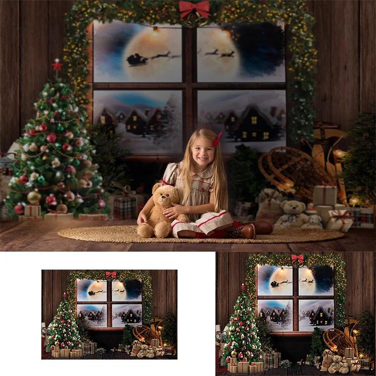 Фон Mehofond с изображением деревенского рождественского окна оленя темная