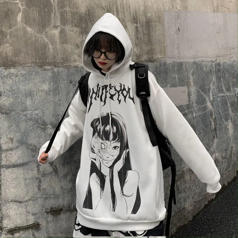 

HOUZHOU White Anime Print Hoodies Women Autumn Winter Oversized Hooded Sweatshirt Harajuku Gothic Streetwear Aesthetic Graphic
