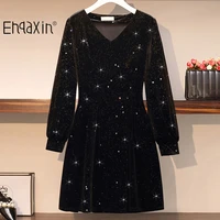 ehqaxin women vintage black velvet dress lady fashion v neck long sleeve autumn dresses elegant female sequined l 5xl