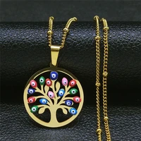 stainless steel islam colorful turkey eyes tree of life necklaces charm women gold color necklaces jewelry ojo turco n5210s04