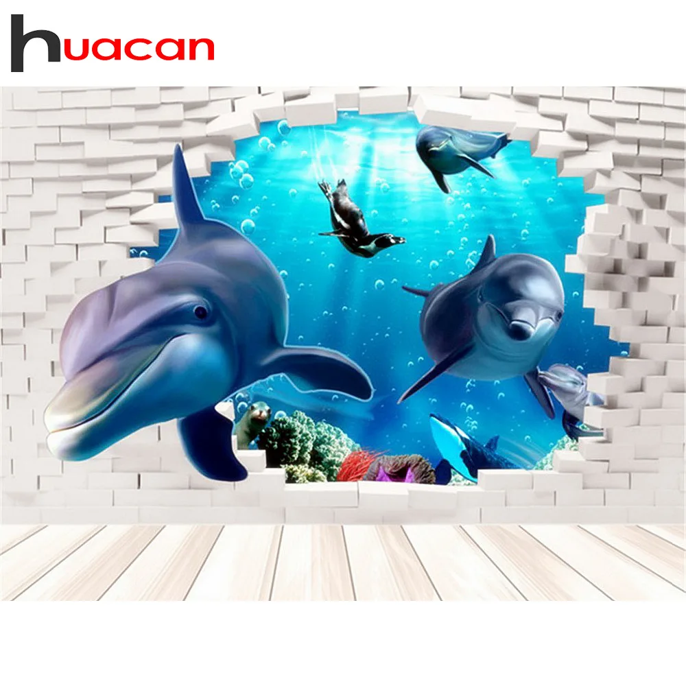 Алмазная живопись Huacan дельфин 5d алмазная вышивка сделай сам животное картина