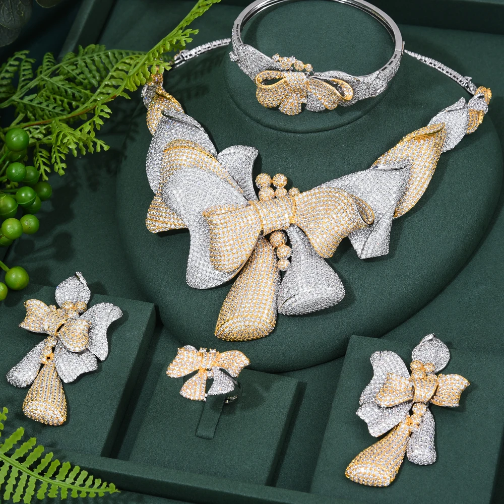 

GODKI Luxury 4PCS Bowknots Necklace Earring Sets Cubic Zirconia jewelry Sets for women Wedding Indian Bridal Jewelry Sets