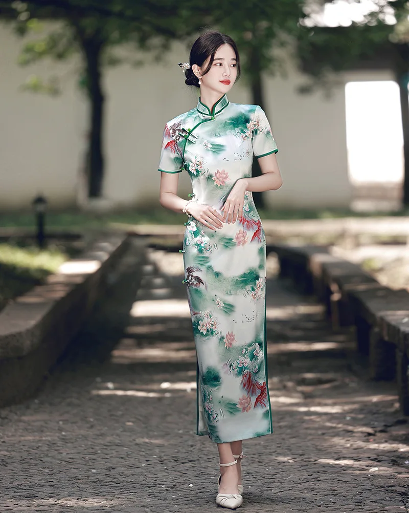 

Классическое длинное платье-Ципао с цветочным принтом, женское винтажное китайское вечернее платье