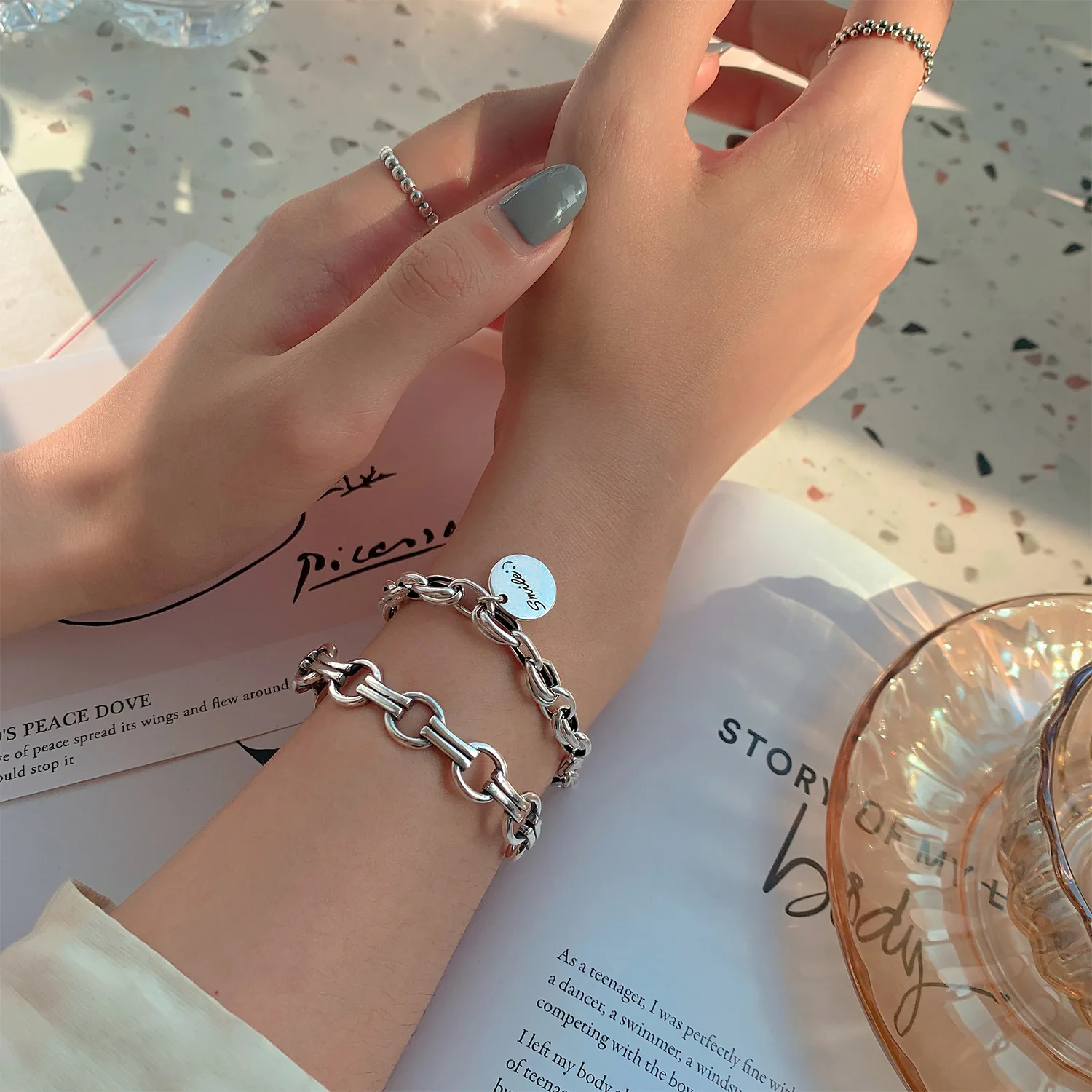 

925 Sterling Silver Plated Girlfriends Letter Love Bracelet Female Ins Niche Design Heart-shaped Retro Korea Simple Personality