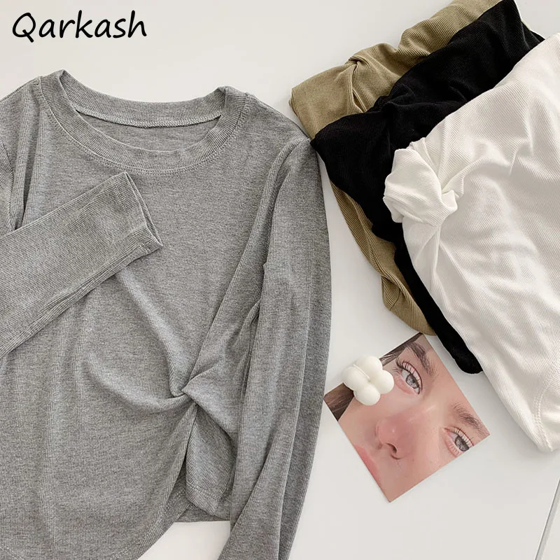 

Футболка женская базовая с длинным рукавом, элегантный повседневный базовый топ со складками, с круглым вырезом, в стиле ольччан, шикарная о...