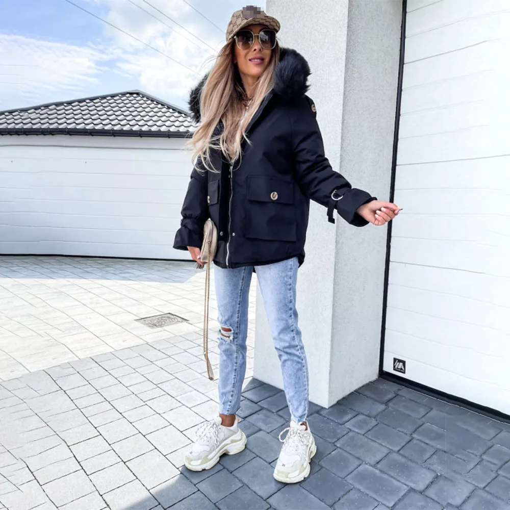 Women's Winter New Artificial Fur Collar Parka Coat Jacket Fashion Hooded Thick Warm Cotton Coat Soft Loose Snow Coat Plus Size