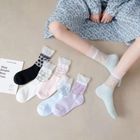 spring and summer new thin transparent middle tube japanese sweet lace high luokou glass silk womens socks candy color florets