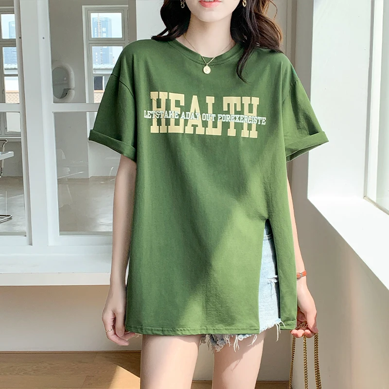 

Make firm offers green T-shirt girl summer loose long letters in the new 2021 printed split short sleeve blouse