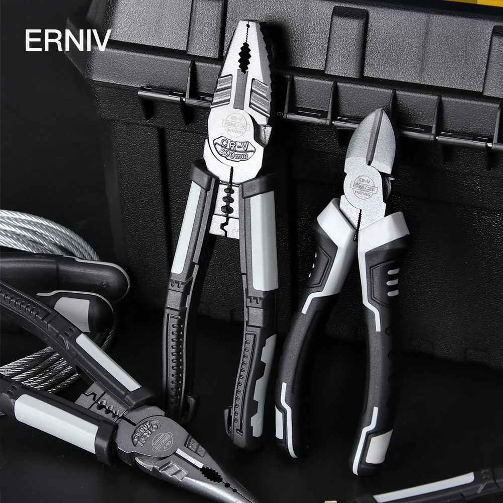 ERNIV Cutting Pliers Set Wire Stripping Crimping Tool Cable Cutter Stripper Long Nose Diagonal CR-V Clamp Multitools Repair | Инструменты
