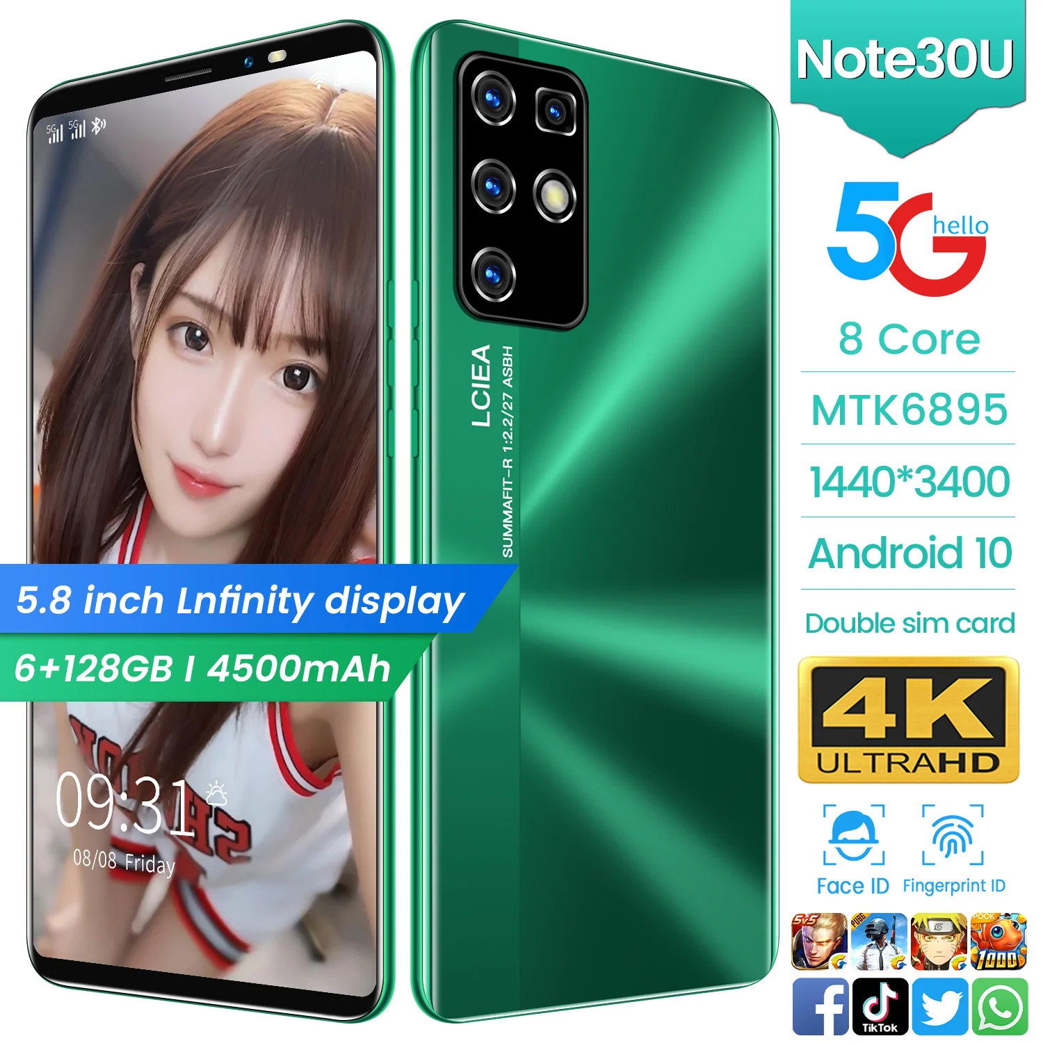 

New Arrival Global Version Note30U 6GB+128GB 5.8 Inch 8 Core Andriod10 18+21MP Camera Dual SIM Face Fingerprint Unlock Phone
