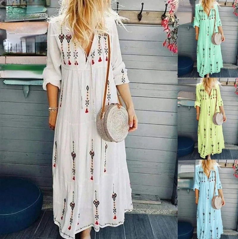 

2021 spring and summer new women's long skirt fashion printed V-neck multicolor dress