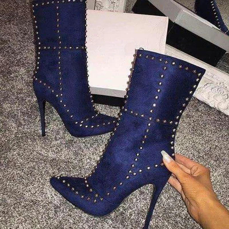 Pointed Toe Women's Boots High Heel Blue Rivets Rubber Suede Stiletto Fashion Women Shoes Hot Sale Calf Winter Female | Обувь