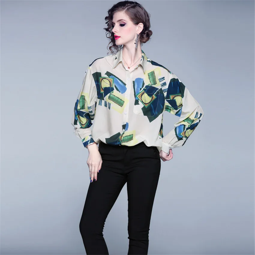 2019 Новая модная Осенняя Повседневная рубашка женская с длинным рукавом принтом