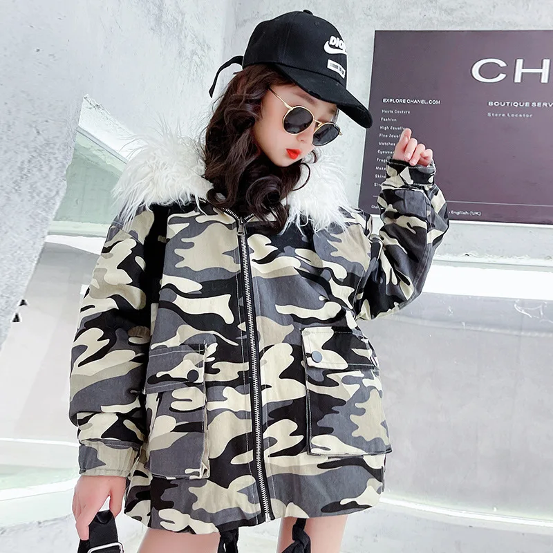 

Boys and girls cotton winter clothes 2021 new style foreign camouflage pie to overcome the tide of plus velvet thick coat