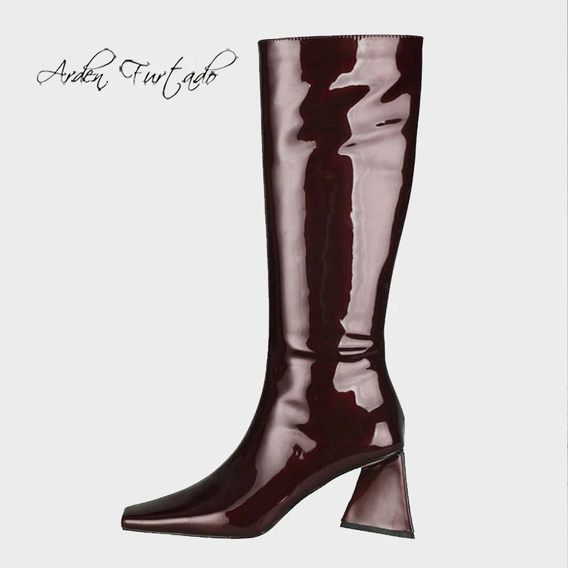 

Arden Furtado 2021 Winter Fashion Boots Elegant Zipper Chunky Heels Block heels Slip on burgundy boots Square Head Ladies Shoes