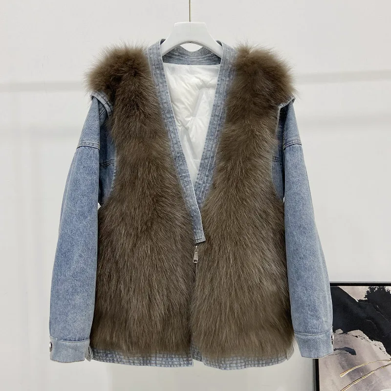 

2021 New White Duck Down Liner Winter Denim Jacket Women Parka Real Natural Fox Fur Warm Loose Outerwear Detachable Streetwear